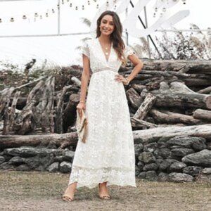NWOT Boho White Floral Wedding Dress, Lace Maxi Dress